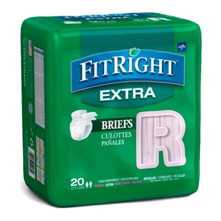 Medline Medline FitRight Extra Adult Disposable Briefs, Size Regular, Waist Size 40"-50", 20/Bag FITEXTRARGZ